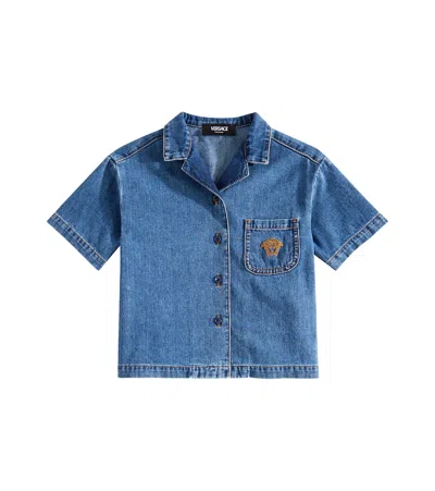 Versace Kids' La Medusa Embroidered Denim Shirt In Blue
