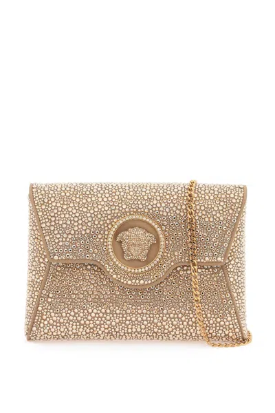 Versace La Medusa Envelope Clutch With Crystals In Camel  Gold (beige)