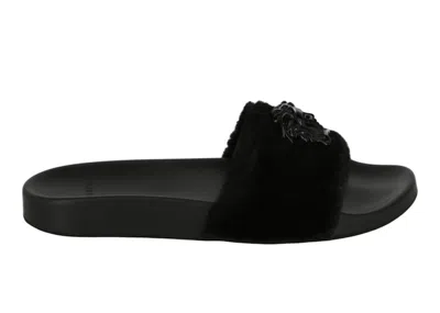 Pre-owned Versace La Medusa Faux Fur Slides (women's) Sneakers In Black