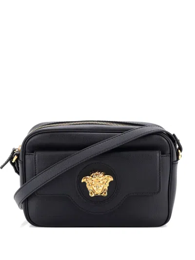 Pre-owned Versace La Medusa Flap Pocket Camera Bag Leather Small Crossbody Bag In Black