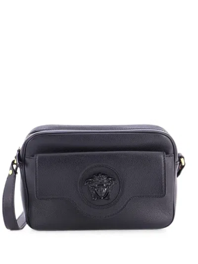 Pre-owned Versace La Medusa Flap Pocket Camera Bag Leather Small Crossbody Bag In Black