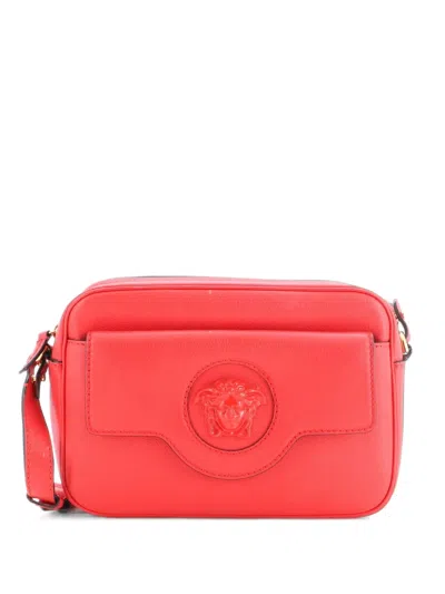 Pre-owned Versace La Medusa Flap Pocket Camera Bag Leather Small Crossbody Bag In Red