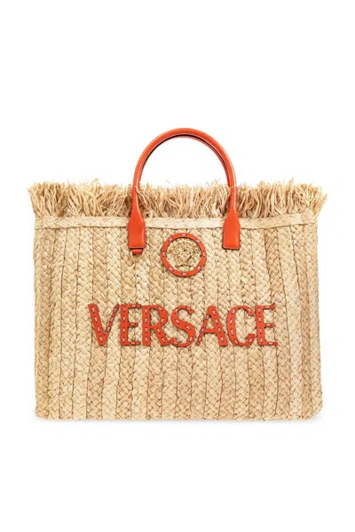 Versace La Medusa Frayed Edge Tote Bag In Beige