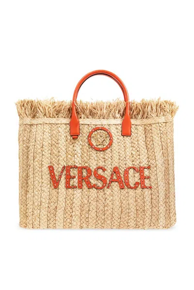 Versace La Medusa Frayed Edge Tote Bag In Beige O Tan