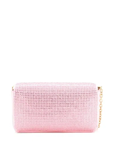 Pre-owned Versace La Medusa Full Flap Clutch With Chain Crystal Embellished Satin Shoulder Bag In 粉色