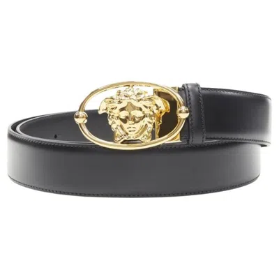 Pre-owned Versace La Medusa Insignia Gold Oval Buckle Black Leather Belt 115cm 44-48"