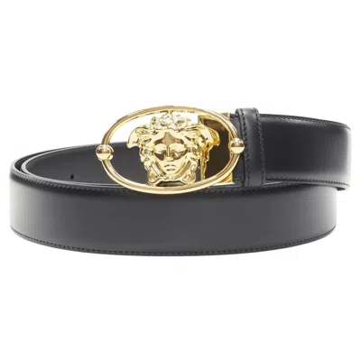 Pre-owned Versace La Medusa Insignia Gold Oval Buckle Black Leather Belt 95cm 36-40"