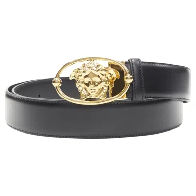 Versace La Medusa Insignia Oval Buckle Leather Belt In Black