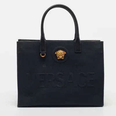 Pre-owned Versace La Medusa Large Black Canvas And Leather Tote