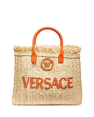 Versace La Medusa Large Straw Tote In Natural/coral