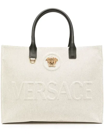 Versace Cotton Calfskin Tote Bag With Top Handles In White
