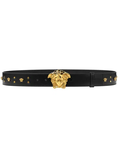 Versace La Medusa Studded Leather Belt In Black