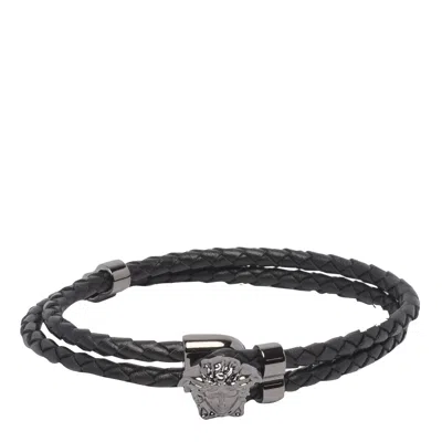 Versace La Medusa Leather Bracelet In Black