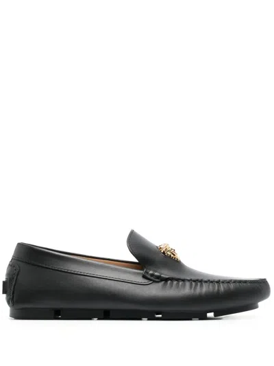 Versace Logo Plaque Leather Loafers In Black