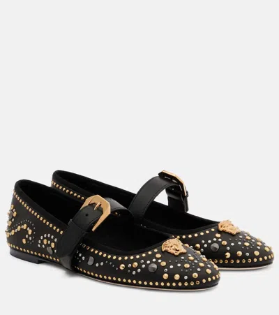 Versace La Medusa Leather Mary Jane Flats In Black