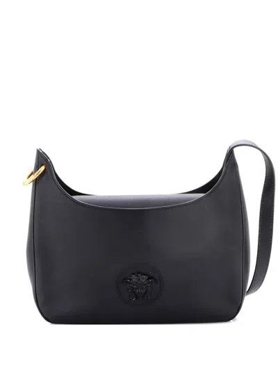 Pre-owned Versace La Medusa Leather Medium Hobo Bag In Black
