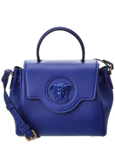 Versace La Medusa Leather Shoulder Bag In Blue