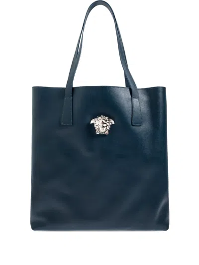 Versace La Medusa Leather Tote Bag In Blue