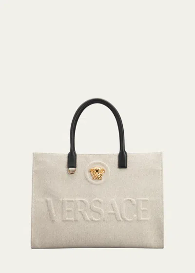 Versace La Medusa Logo Canvas Tote Bag In Black