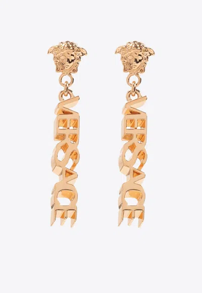 Versace La Medusa Logo Drop Earrings In Gold