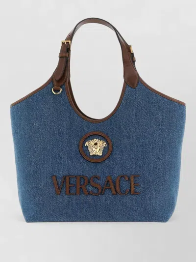 Versace La Medusa Medium Leather Top Handle Tote In Blue