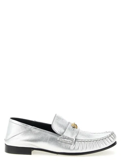 Versace La Medusa Metal-embellished Laminated Nappa Loafer In White