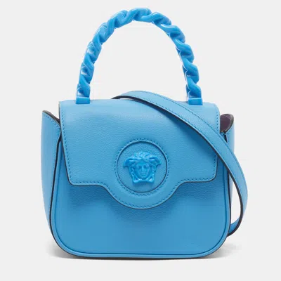 Pre-owned Versace La Medusa Mini Blue Leather Top Handle Bag