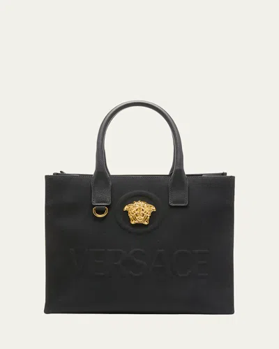 Versace La Medusa Mini Canvas Tote Bag In Black/gold