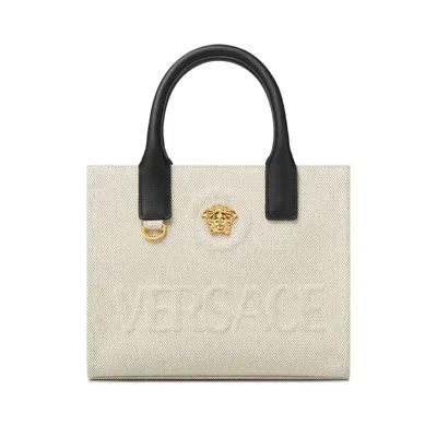Versace La Medusa Mini Canvas Tote In Orange