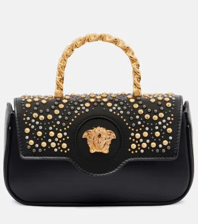 Versace La Medusa Mini Studded Leather Tote Bag In Black