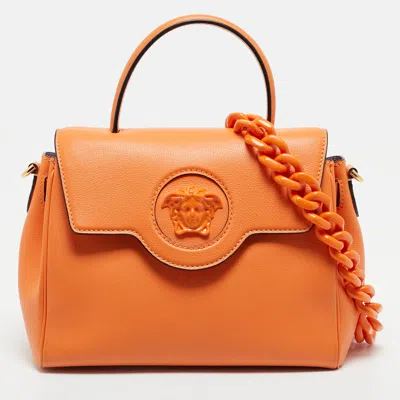 Pre-owned Versace La Medusa Orange Leather Top Handle Bag