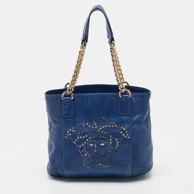 Pre-owned Versace La Medusa Perforated Logo Blue Leather Chain Tote