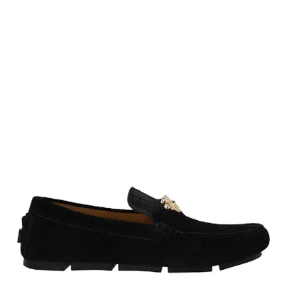 Versace La Medusa Plaque Suede Loafers In Black