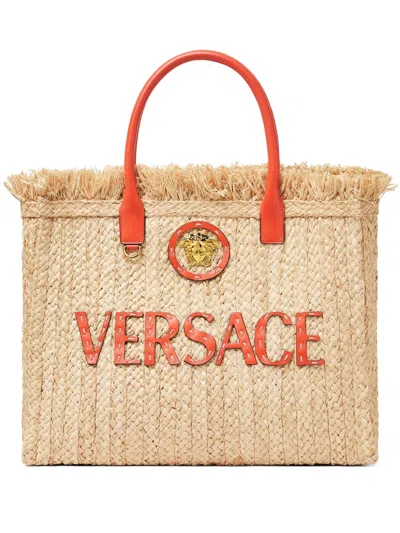 Versace La Medusa Raffia Tote Bag In Neutrals
