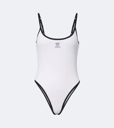 Versace La Medusa Ribbed-knit Cotton-blend Bodysuit In White