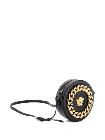 Pre-owned Versace La Medusa Round Camera Bag Leather With Chain Detail Small Crossbody Bag In Black