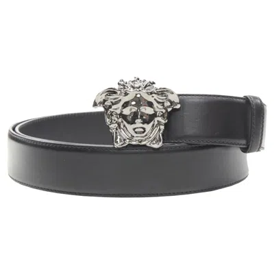 Versace La Medusa Ruthenium Silver Buckle Leather Belt In Black