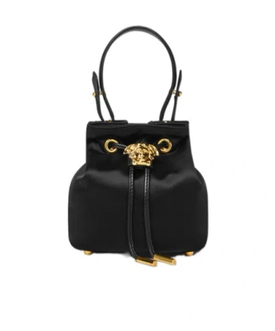 Versace La Medusa Satin Mini Bucket Bag In Black