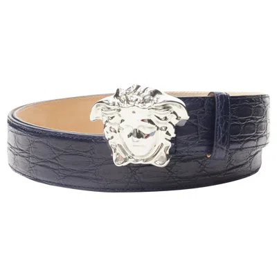 Versace La Medusa Silver Buckle Scaled Leather Belt In Blue