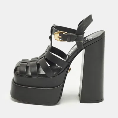 Pre-owned Versace La Medusa Size 36 Black Leather Platform Sandals