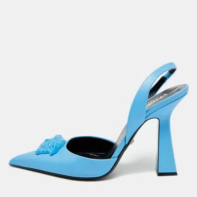 Pre-owned Versace La Medusa Size 40 Blue Leather Slingback Pumps