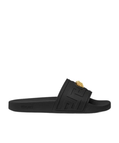 Versace Black Sandals With Medusa Plaque On The Front In Tech Fabric Man