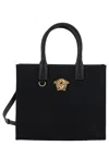 Shop Versace 'la Medusa Small' Black Tote Bag With Leather Handles And Logo Detail In Canvas Woman