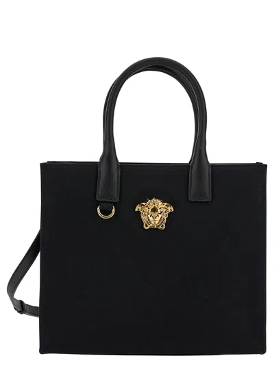 Versace 'la Medusa Small' Black Tote Bag With Leather Handles And Logo Detail In Canvas Woman