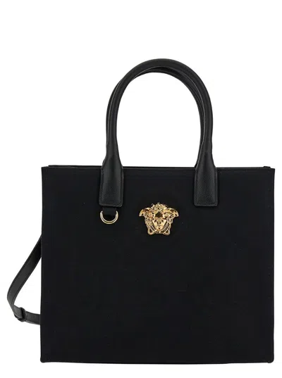 Versace 'la Medusa Small' Black Tote Bag With Leather Handles And Logo Detail In Canvas Woman