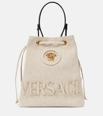 Versace La Medusa Small Canvas Bucket Bag In White