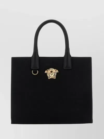 Versace La Medusa Small Canvas Shoulder Bag In Black