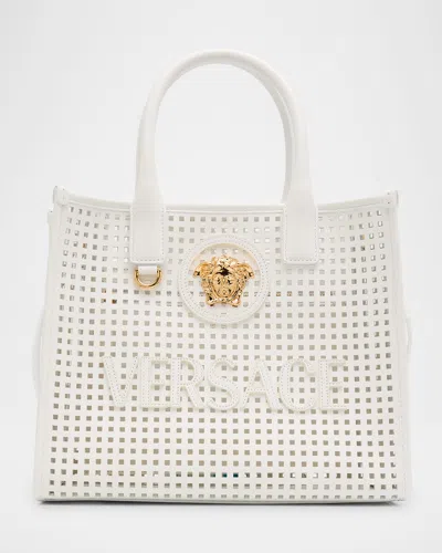 Versace La Medusa Small Cutout Leather Tote Bag In White