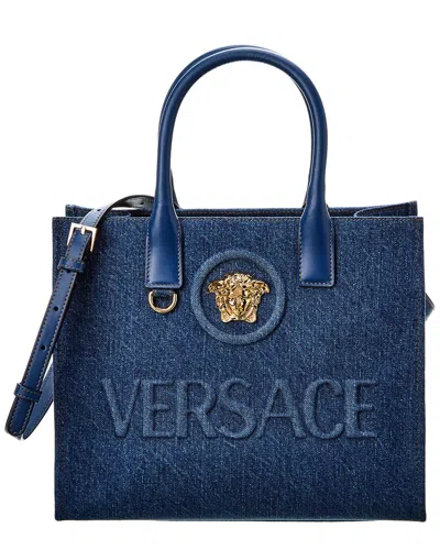 Versace La Medusa Small Denim Tote Bag In Navy Blue  Gold (blue)