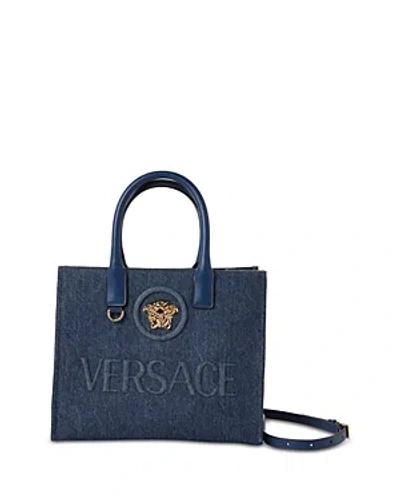 Versace La Medusa Small Denim Tote In Navy Blue/gold